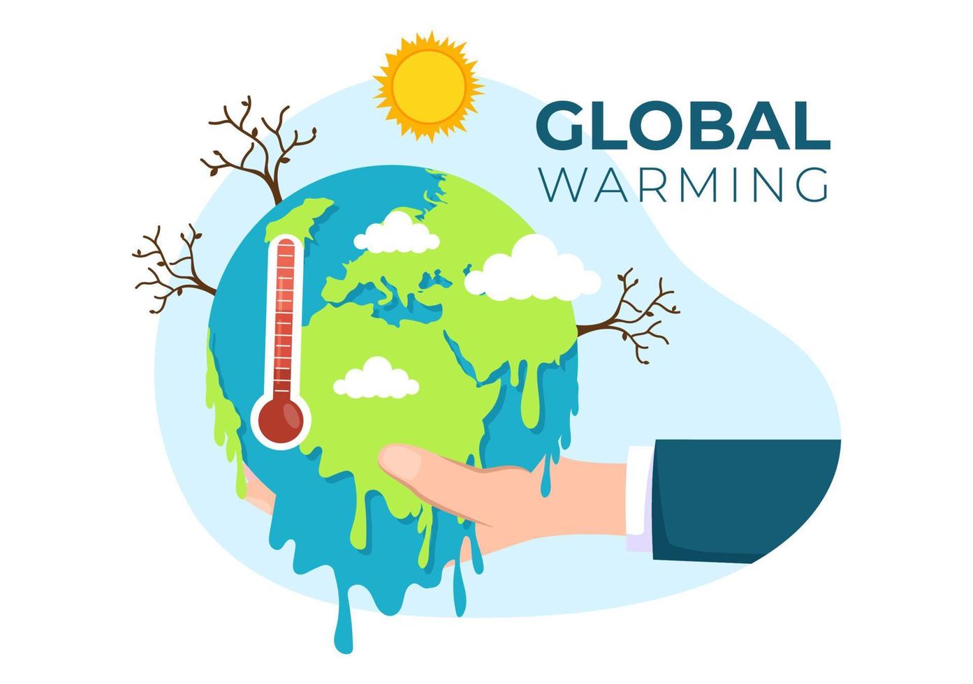 ilustración de estilo de dibujos animados de calentamiento global con el planeta tierra en un estado de fusión o quema y sol de imagen para evitar daños a la naturaleza y el cambio climático vector