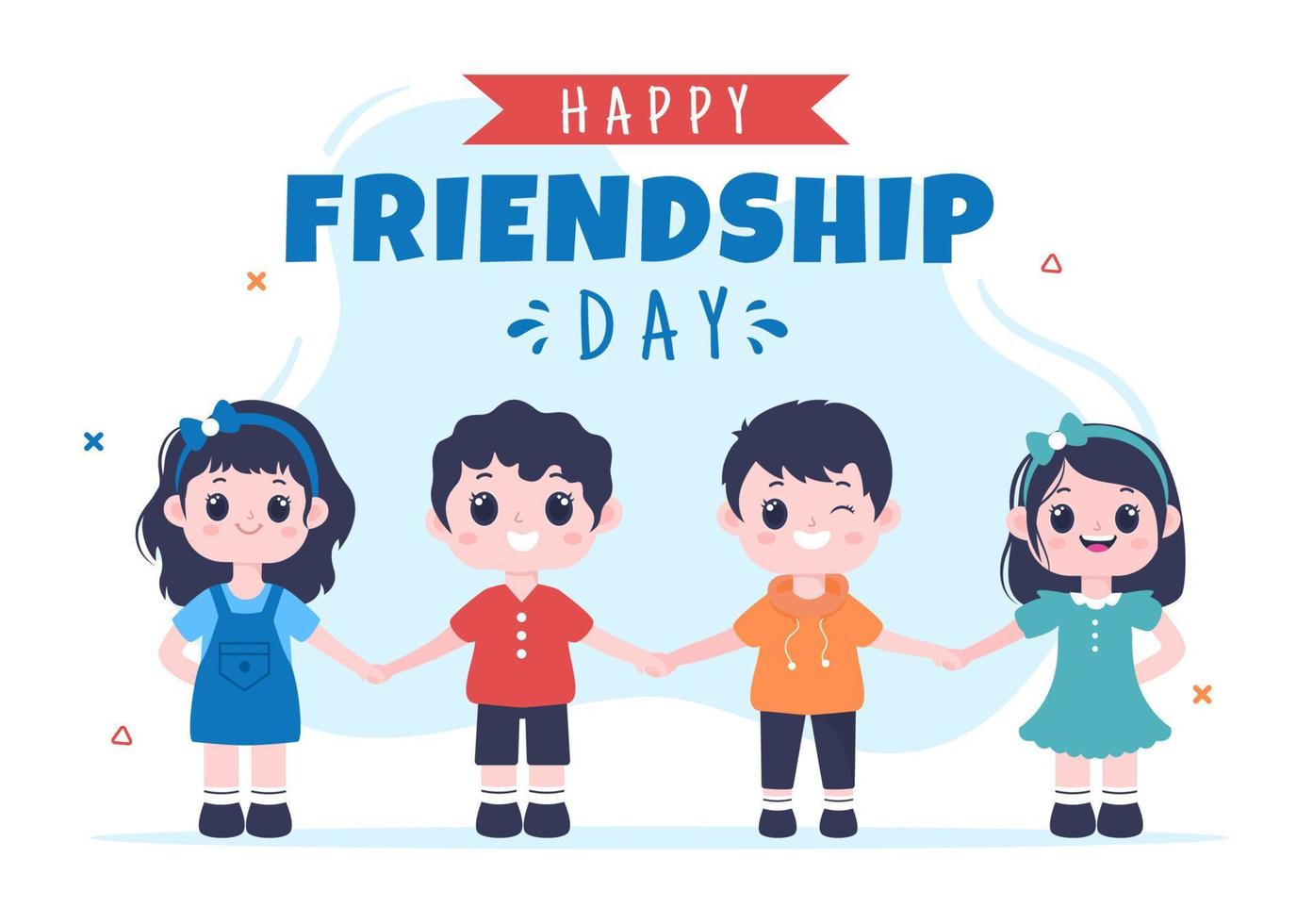 Happy Friendship Day Cute Cartoon Illustration with Young Boys and Girls of Hugging Together or Putting Their Hands in Flat Style vector