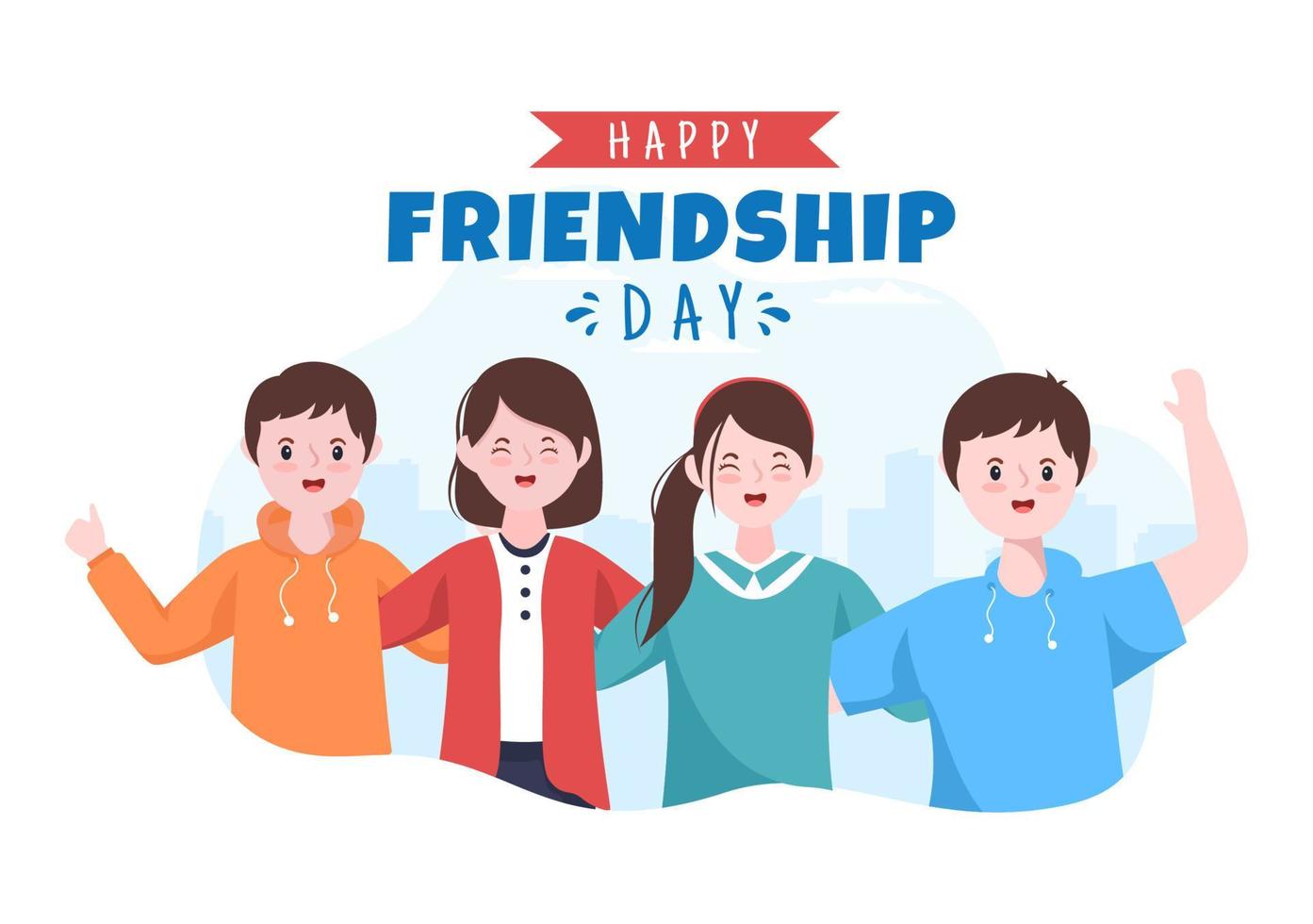 Happy Friendship Day Cute Cartoon Illustration with Young Boys and Girls of Hugging Together or Putting Their Hands in Flat Style vector