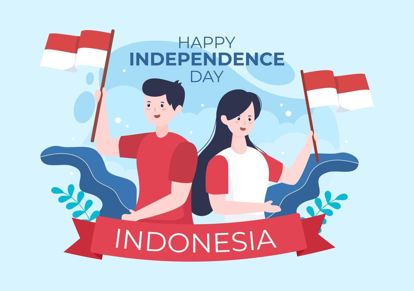 día de la independencia de indonesia el 17 de agosto con juegos tradicionales, bandera roja blanca y personaje de personas en una linda ilustración de fondo de caricatura plana vector