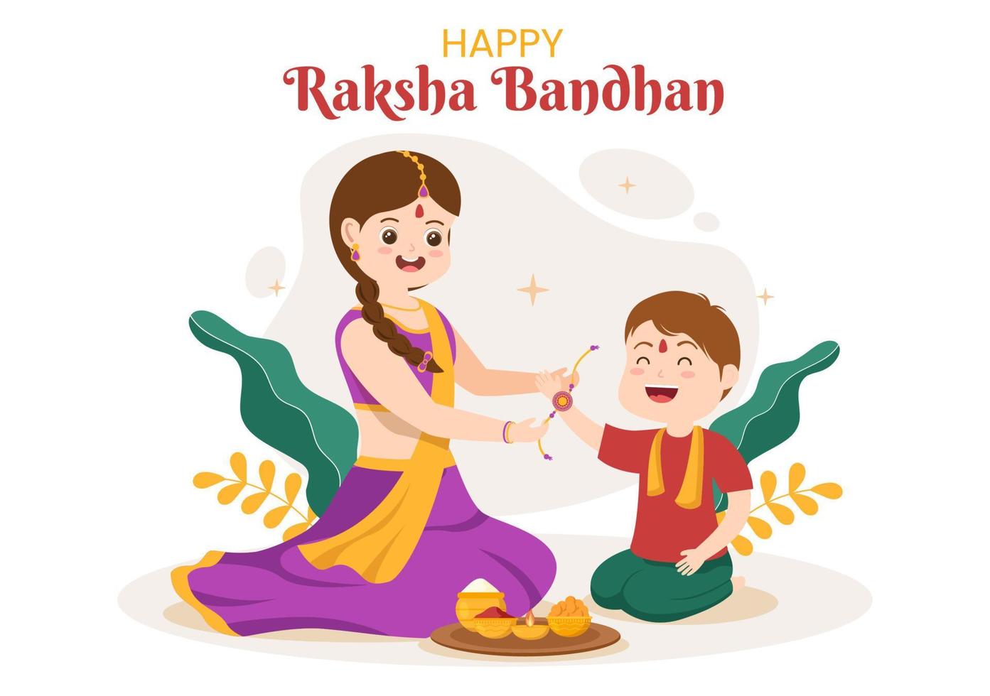 Happy Raksha Bandhan Cartoon Illustration with Sister Tying Rakhi on Her Brothers Wrist to Signify Bond of Love in Indian Festival Celebration vector