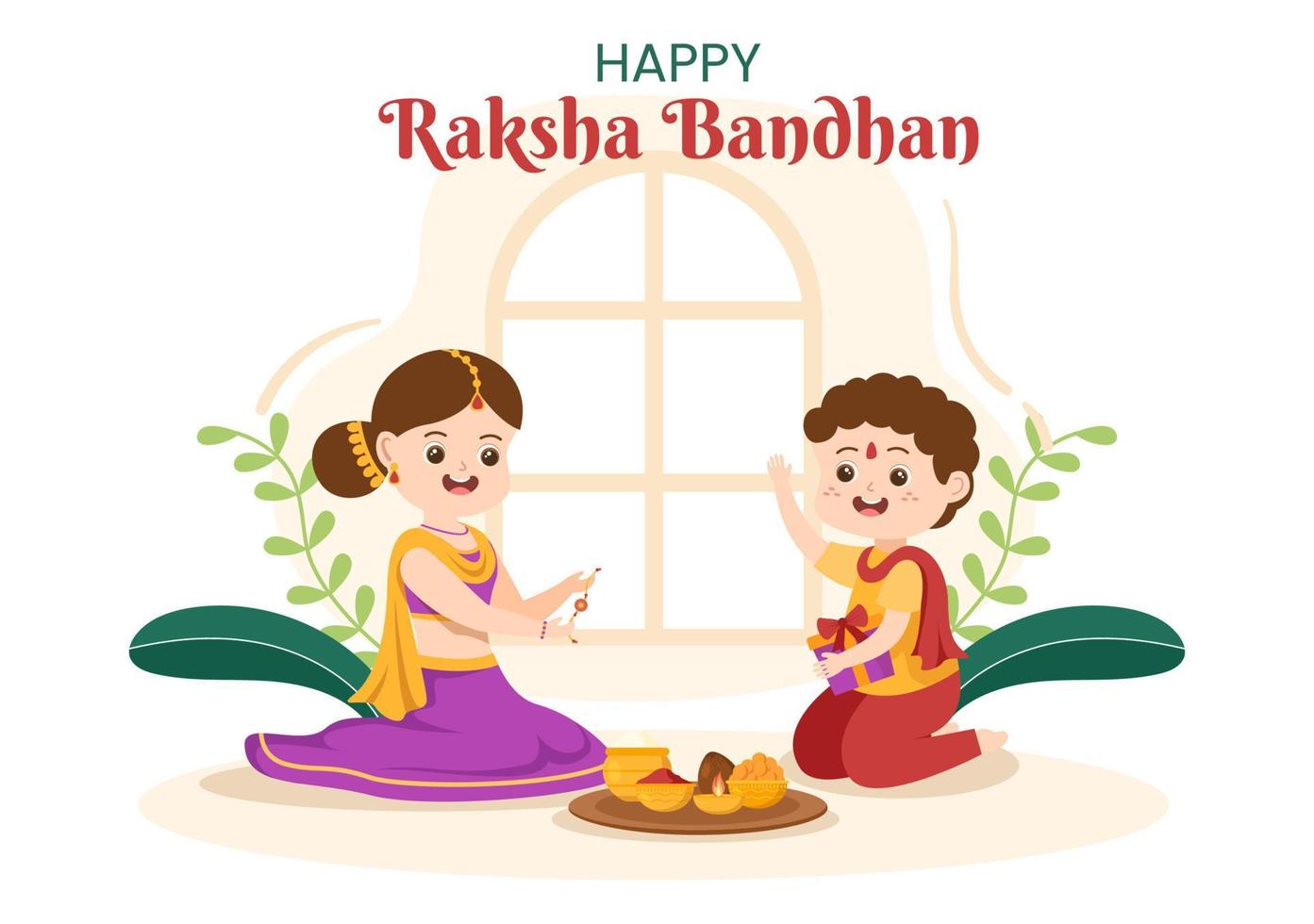 feliz ilustración de dibujos animados de raksha bandhan con una hermana atando rakhi en la muñeca de su hermano para significar un vínculo de amor en la celebración del festival indio vector