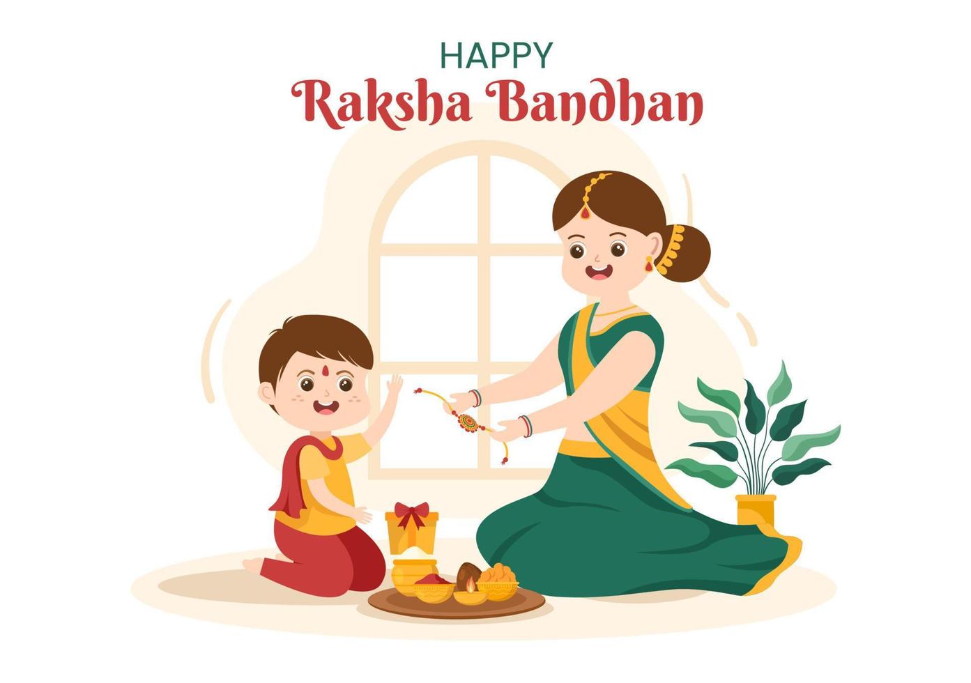 Happy Raksha Bandhan Cartoon Illustration with Sister Tying Rakhi on Her Brothers Wrist to Signify Bond of Love in Indian Festival Celebration vector