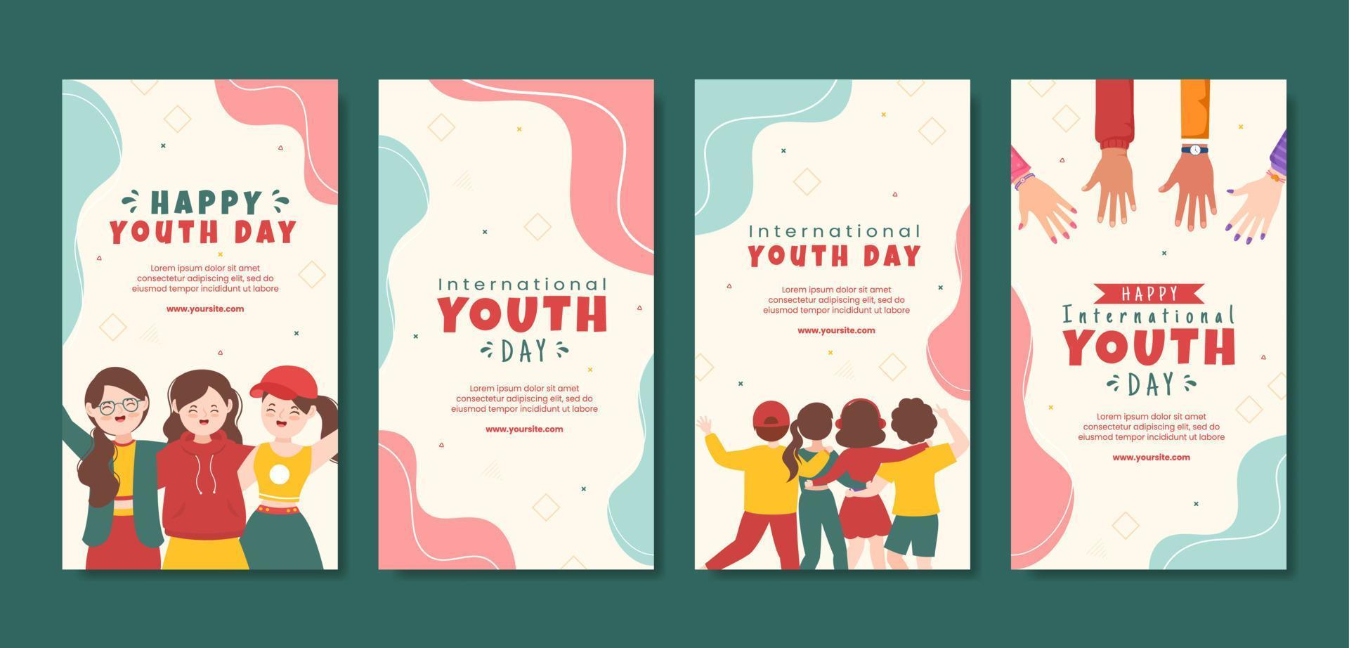 Happy International Youth Day Social Media Stories Template Flat Cartoon Background Vector Illustration