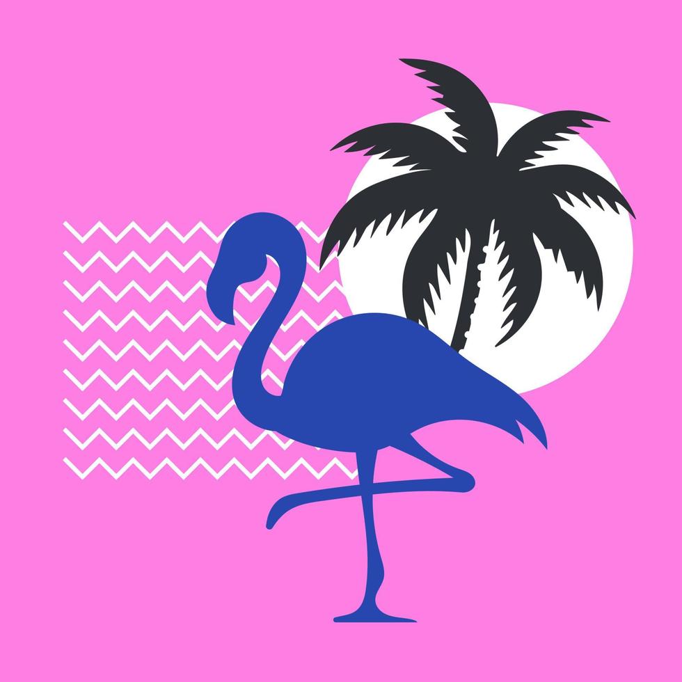 Silhouette of a flamingo on a pink background with a palm tree and the sun vector