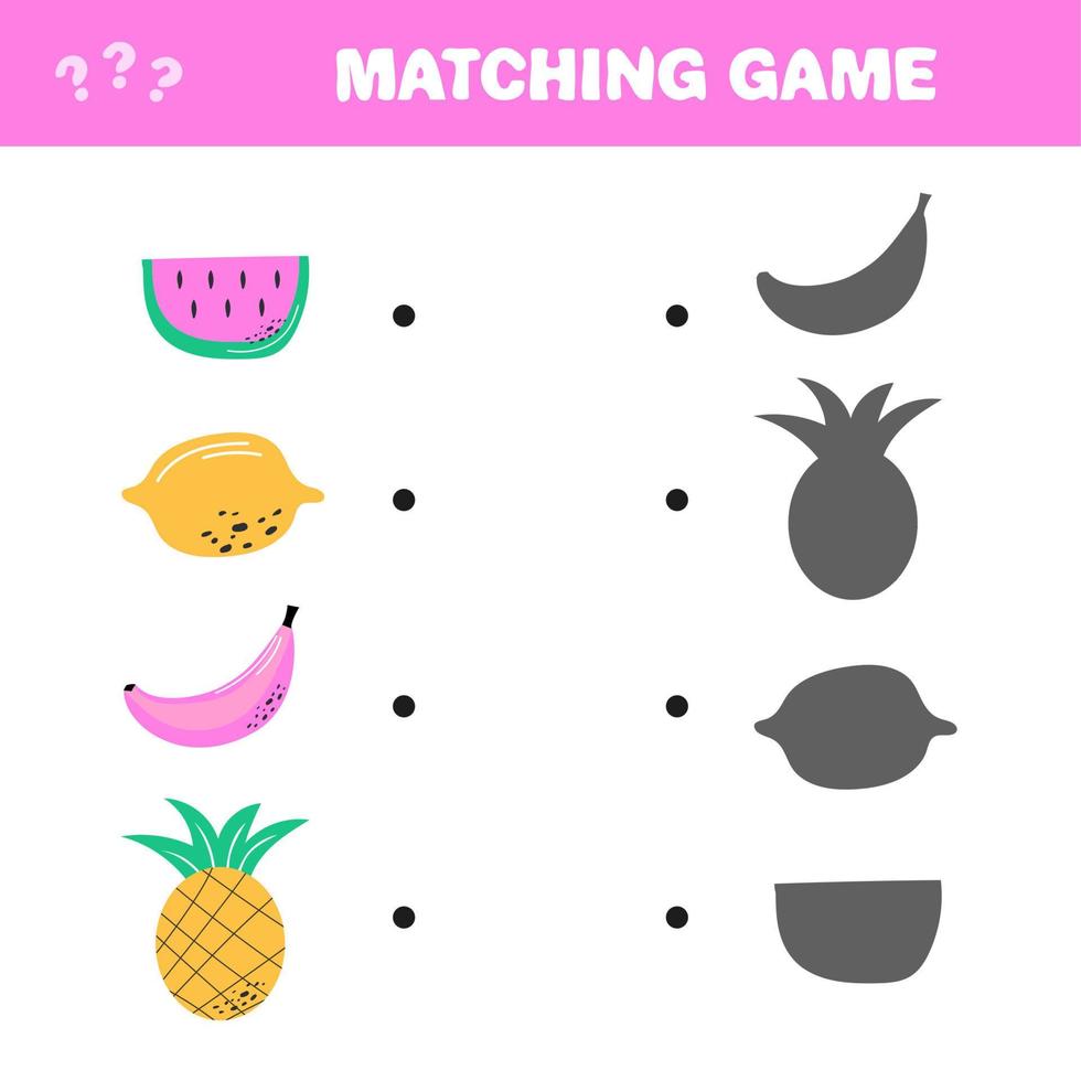 Educational game for children. Find the right shadow. Kids activity with fruits. vector