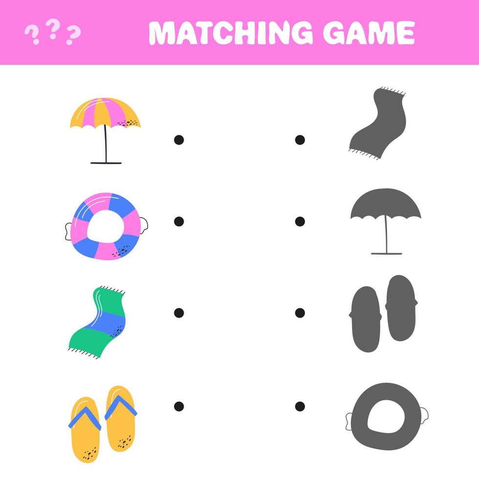 Educational game. Find the right shadow. Kids activity with summer elements vector