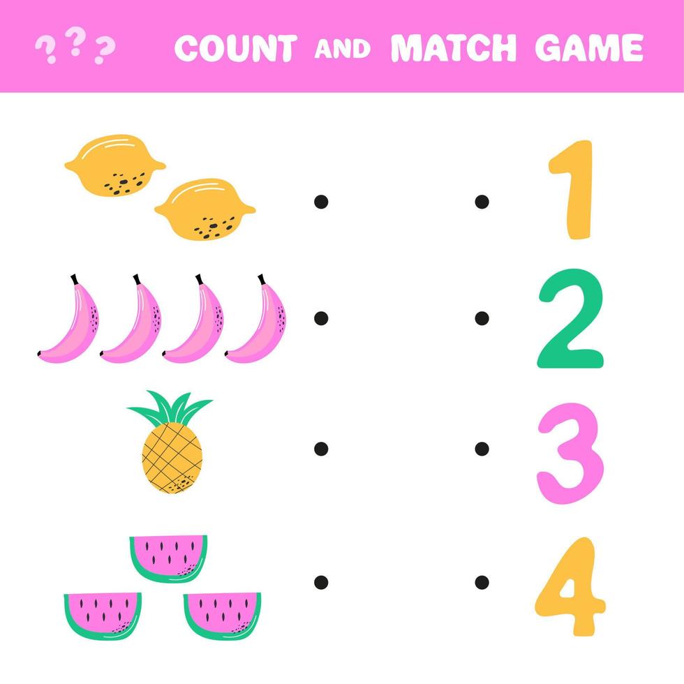 Counting game for preschool children. Banana, lemon, pineapple, watermelon vector