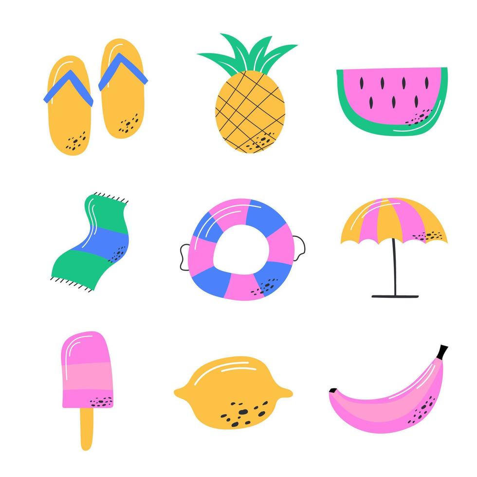 Hello Summer. Vector illustration of colorful funny symbols
