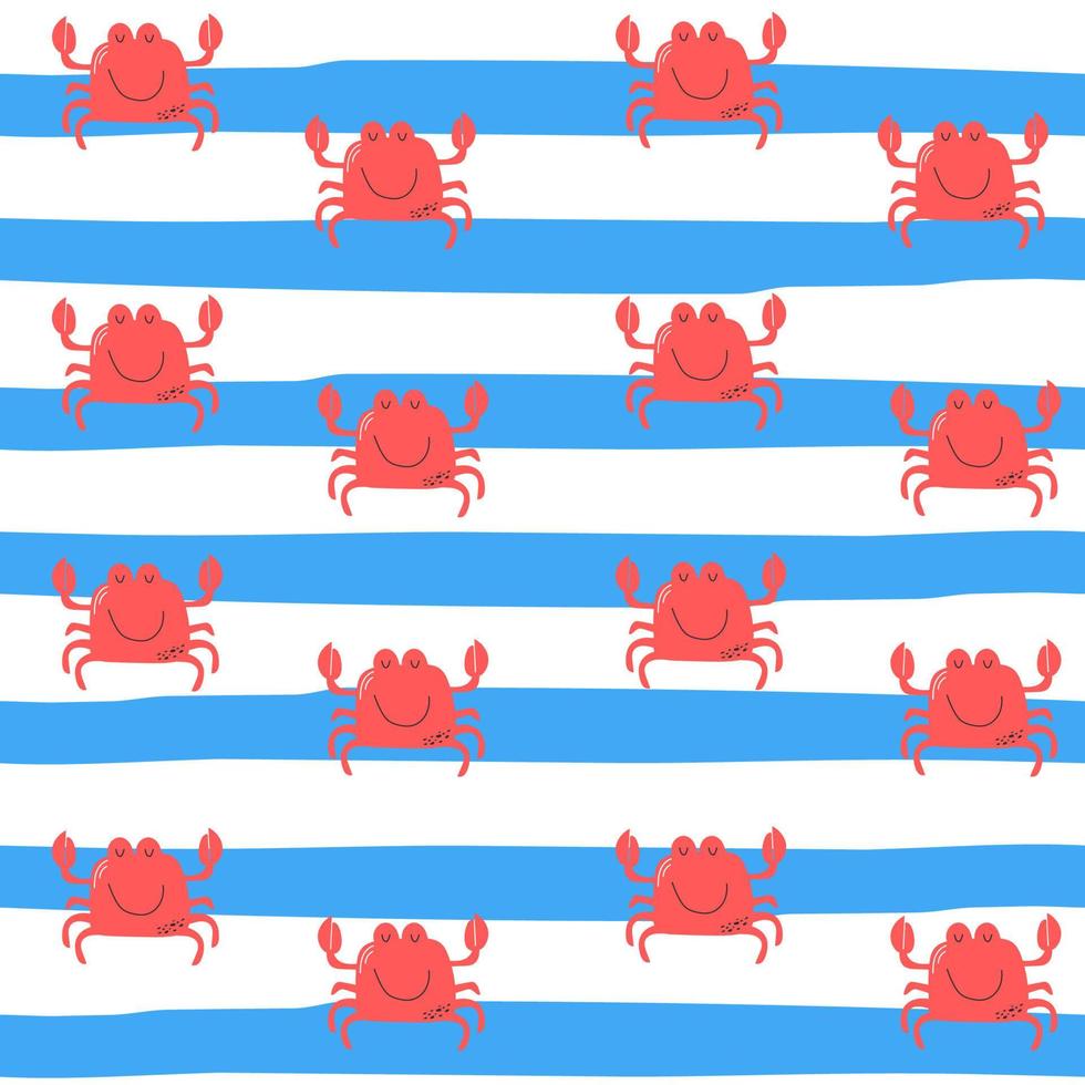 Trendy red ocean crab with blue stripes - seamless pattern illustration vector