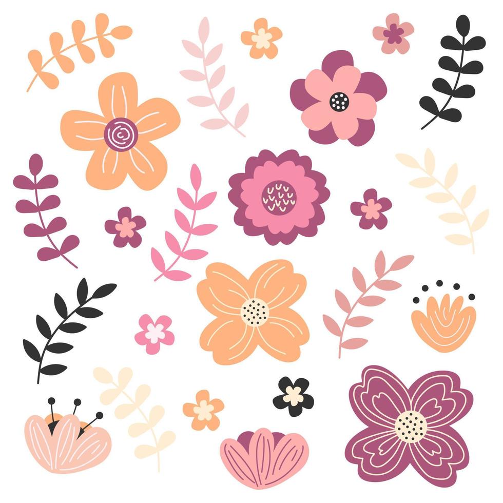 flores de primavera en color pastel. colección de elementos florales y hojas. vector