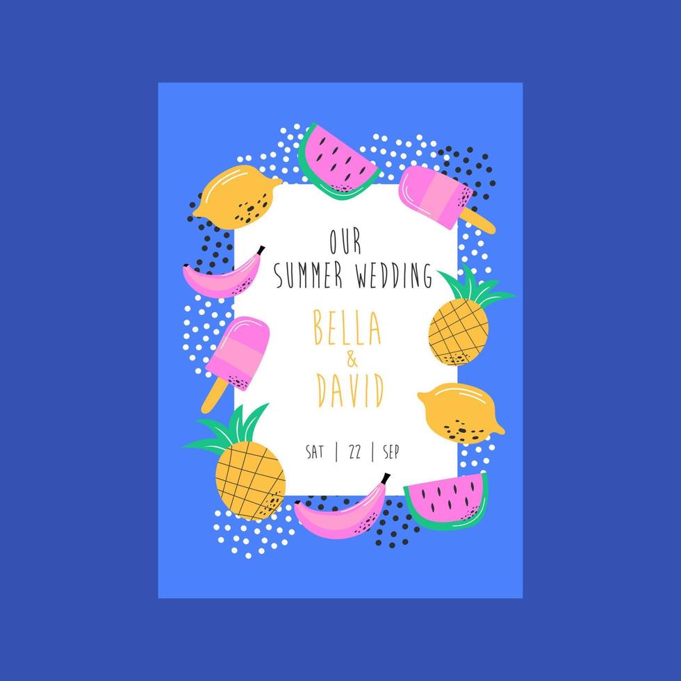 Wedding invitation with fruits. Greeting date card with summer elements vector