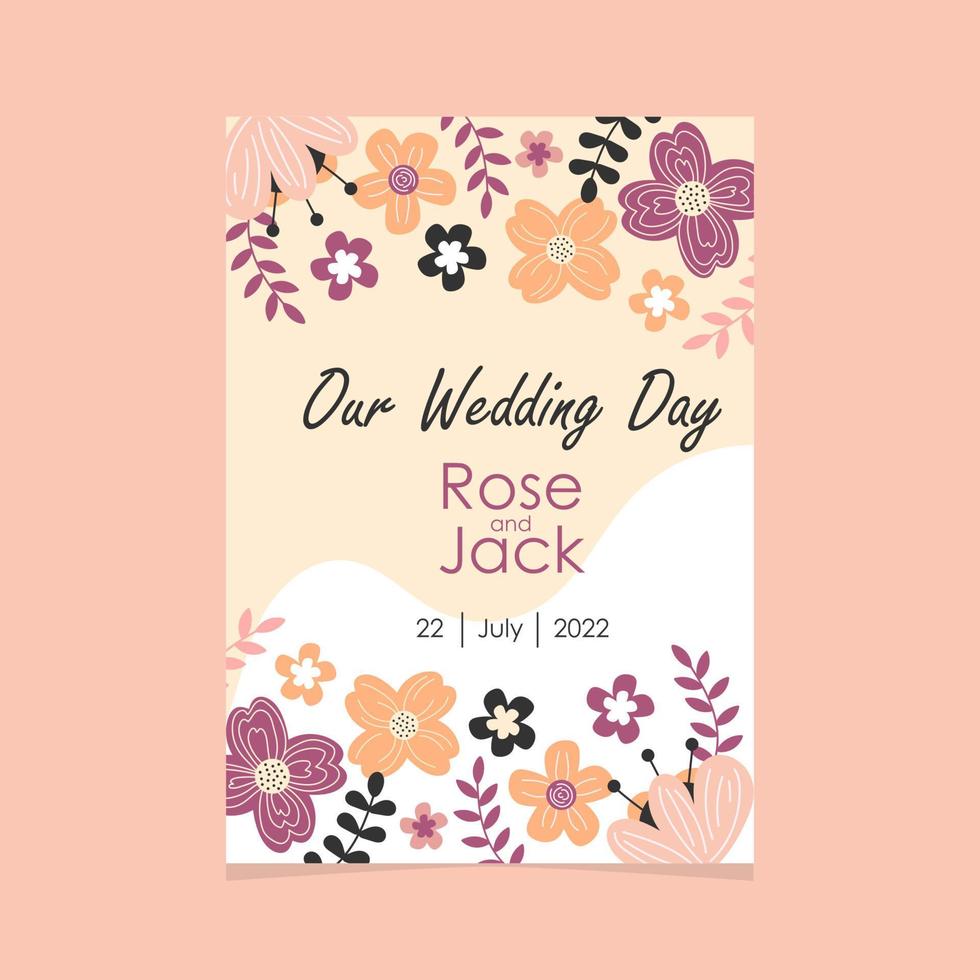 Wedding invitation template in pastel colors. Hand drawn flowers vector