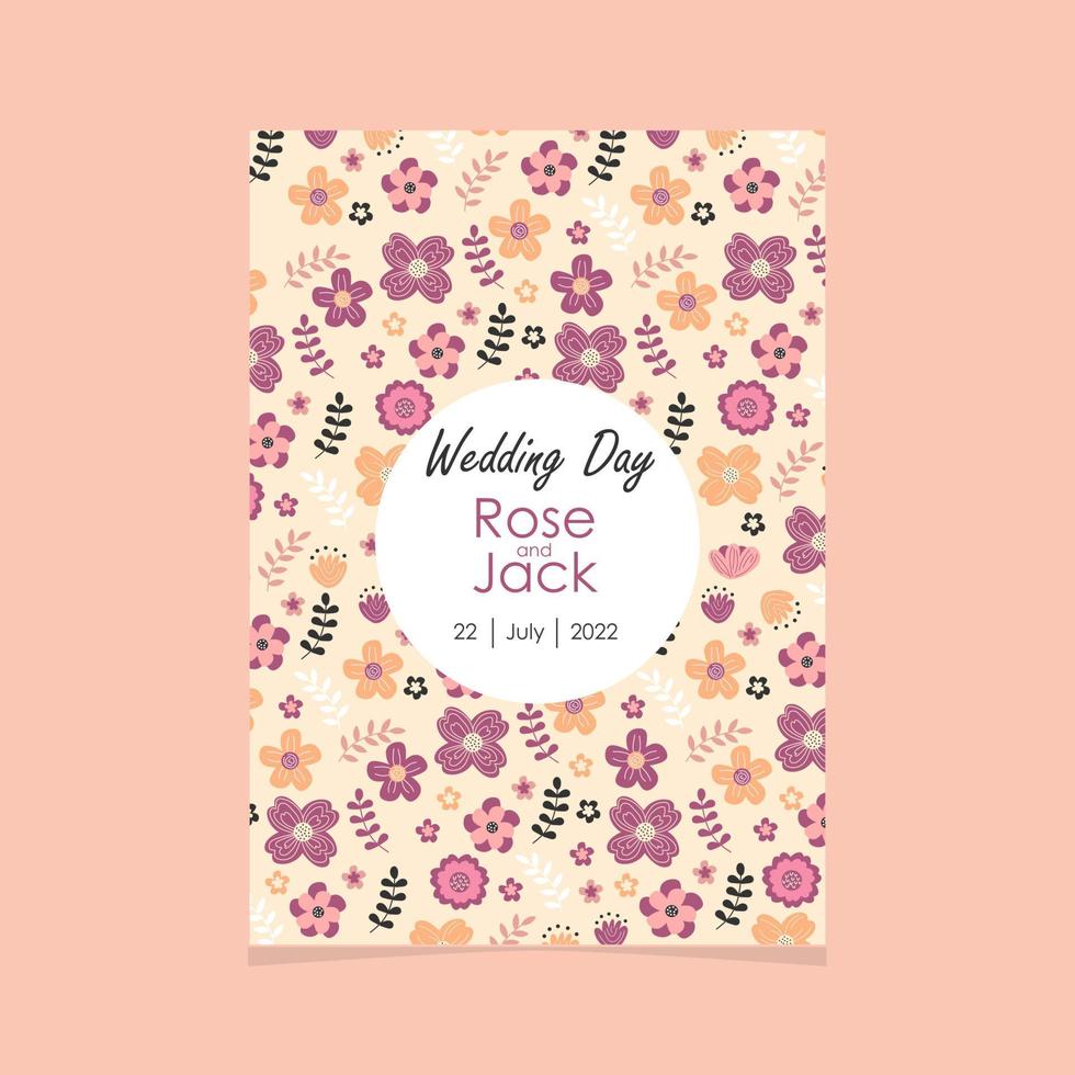 Wedding invitation template in pastel colors. Hand drawn flowers vector