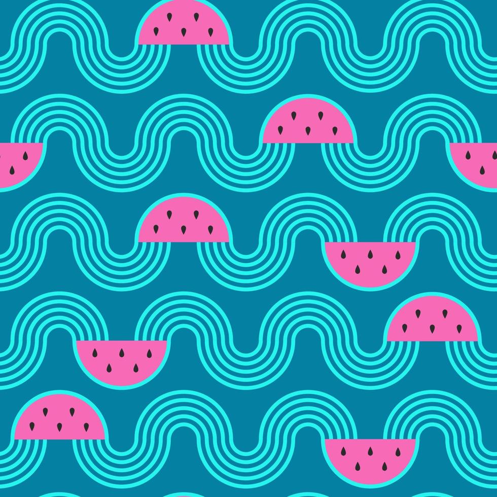 Seamless pattern with watermelon slices waves stripes. Summer, exotic, freshness vector