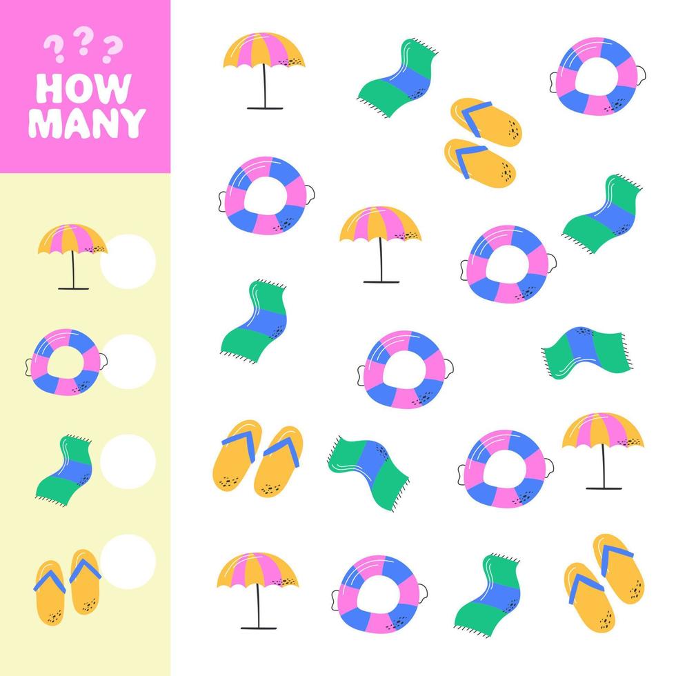 Counting game, how many summer elements. Educational children game vector