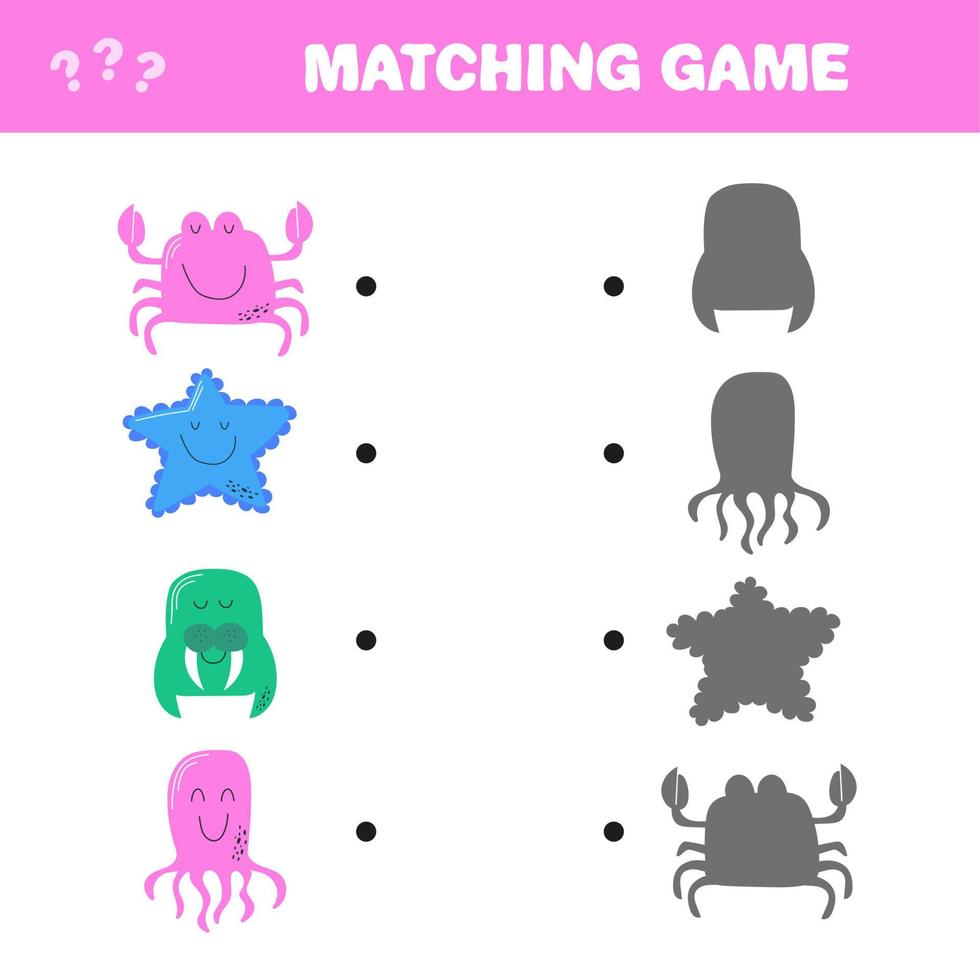 Find the correct shadow. Marine animals. Educational game for children vector