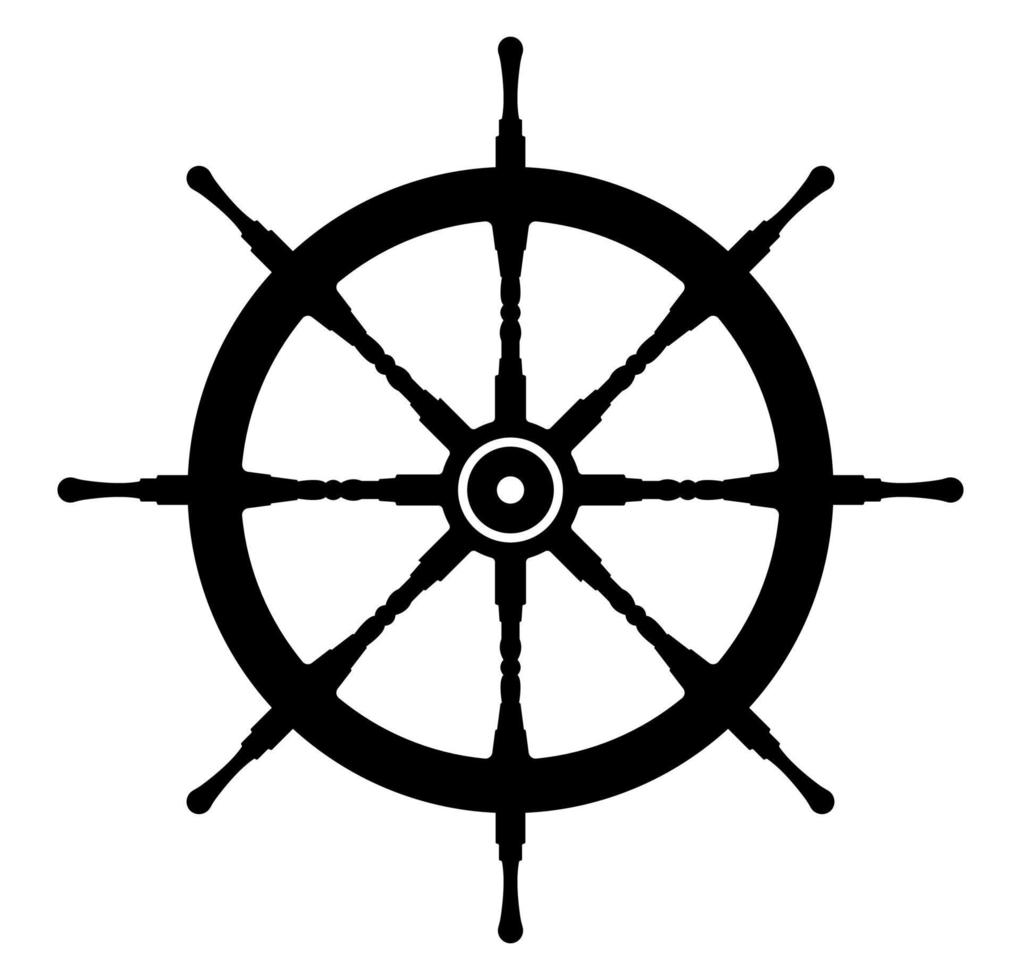 silueta de rueda de barco de madera antigua, ilustración de timón de volante de barco. vector