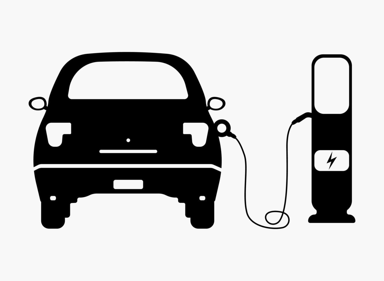 coche eléctrico enchufado en una silueta de estación de carga, ilustración de vehículo respetuosa con el medio ambiente. vector