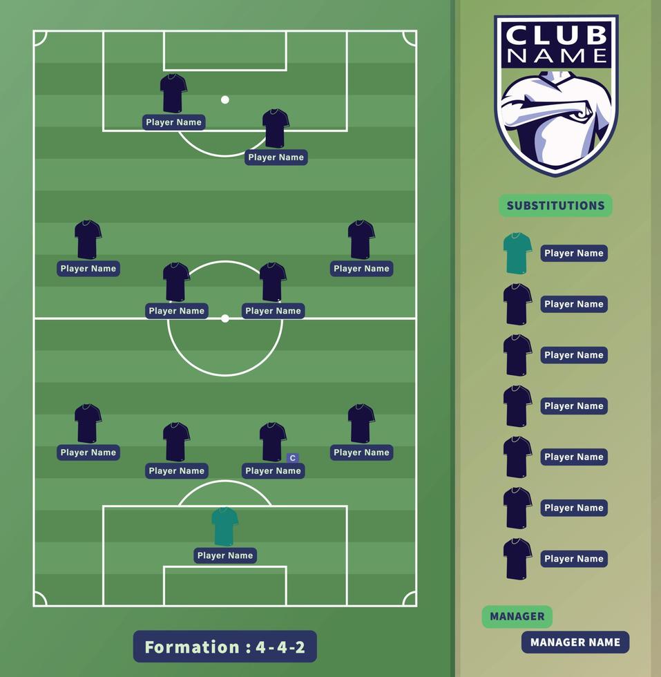 alineaciones de fútbol, esquema de formación de jugadores de fútbol 4-4-2 en una ilustración de campo de fútbol. vector