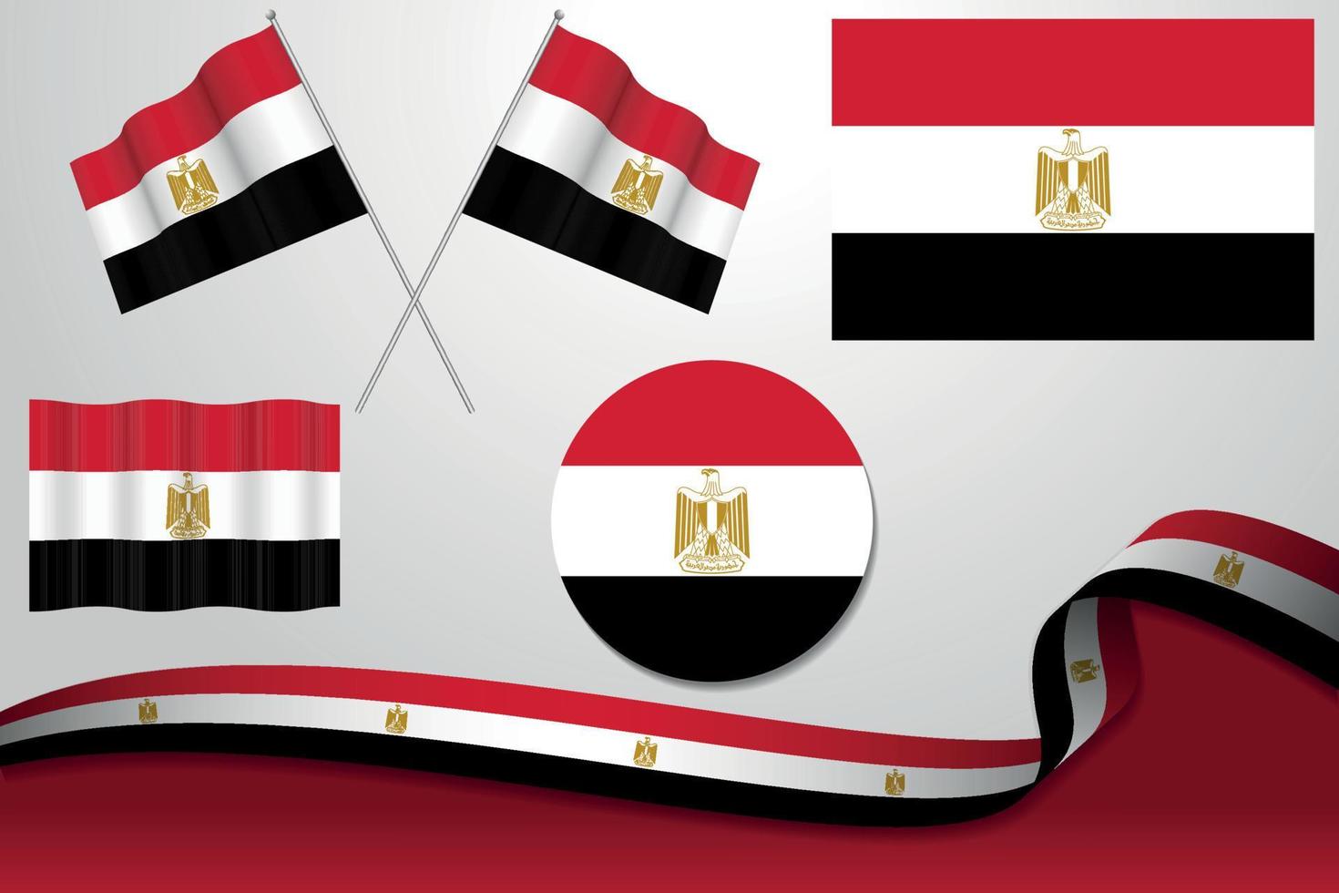 conjunto de banderas de egipto en diferentes diseños, icono, banderas desolladas y cinta con fondo. vector