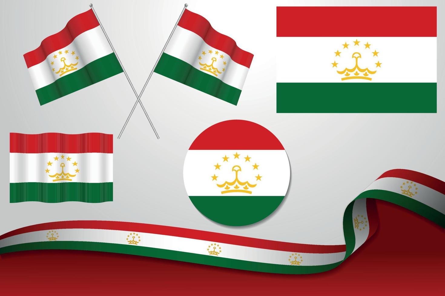 conjunto de banderas de tayikistán en diferentes diseños, icono, banderas desolladas y cinta con fondo. vector