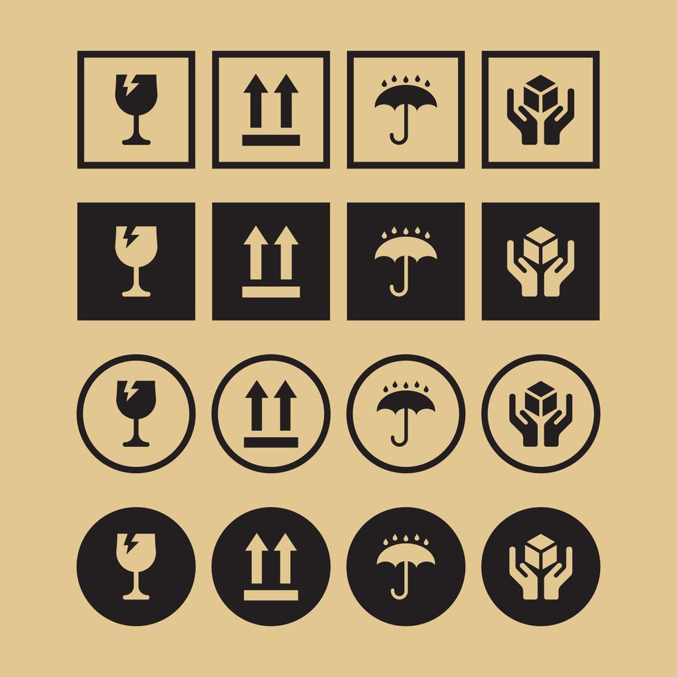 Set of black fragile icons on cardboard, square and round shape vector