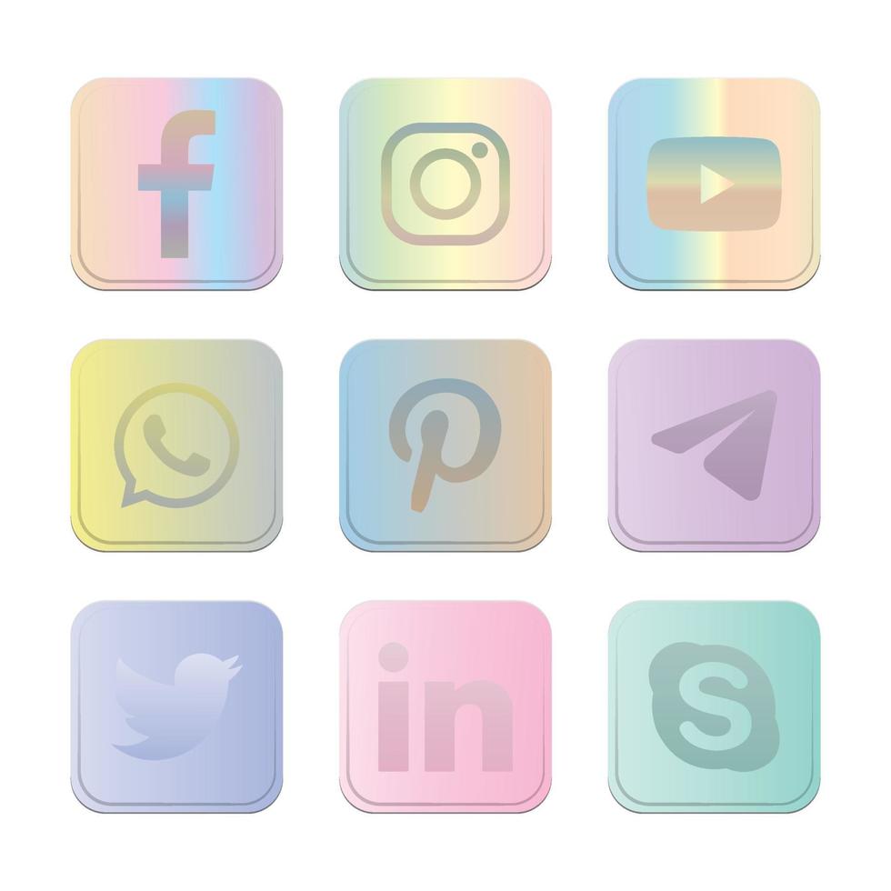 Set of popular social media logos on button icons. Pastel Gradient Colors vector