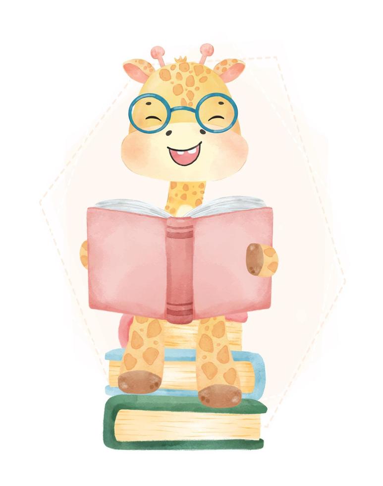 cute watercolor happy nerd kid giraffe reading book on stacked book, back to school cartoon childhood animal wildlife watercolor vector