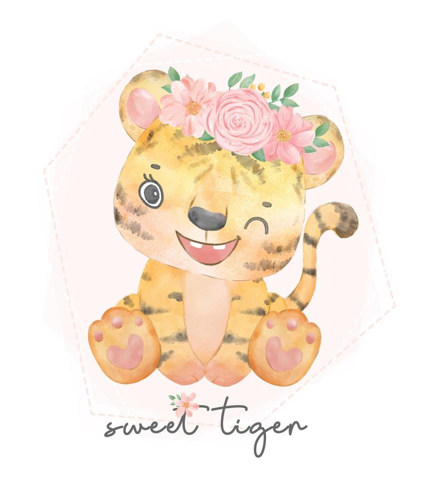 cute sweet baby tiger with flowers watercolor illustration hand drawn, nursery doodle cartoon vector