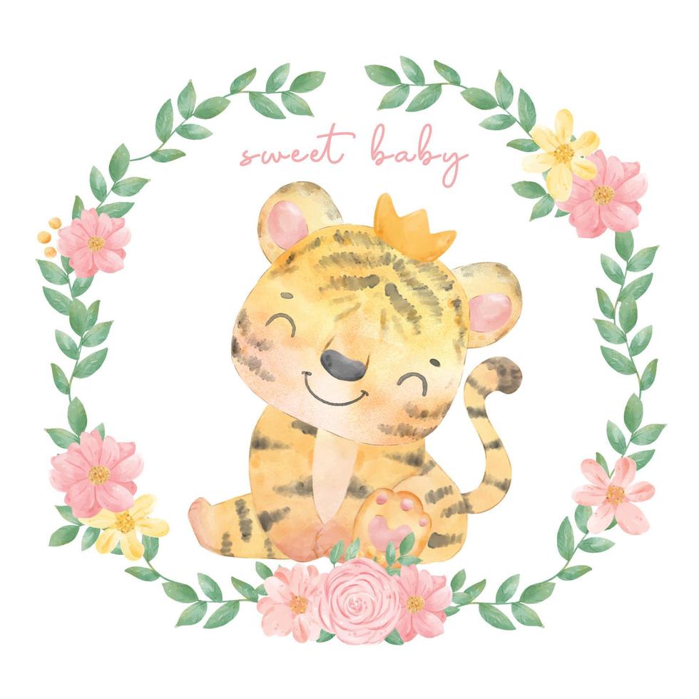 cute watercolor painting happy adorable baby tiger boy sitting in floral frame, nursery cartoon hand drawn animal illustration vector