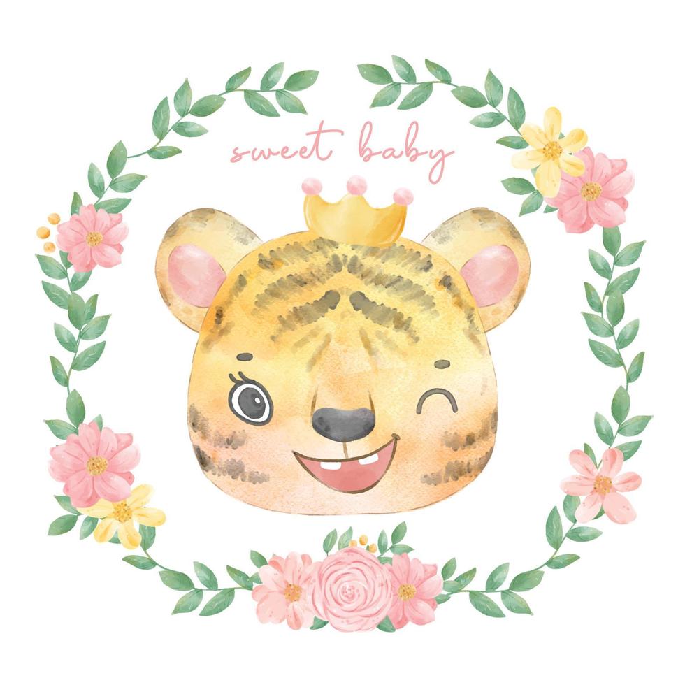 cute watercolor painting happy adorable baby tiger girl face head in floral frame, nursery cartoon hand drawn animal illustration vector