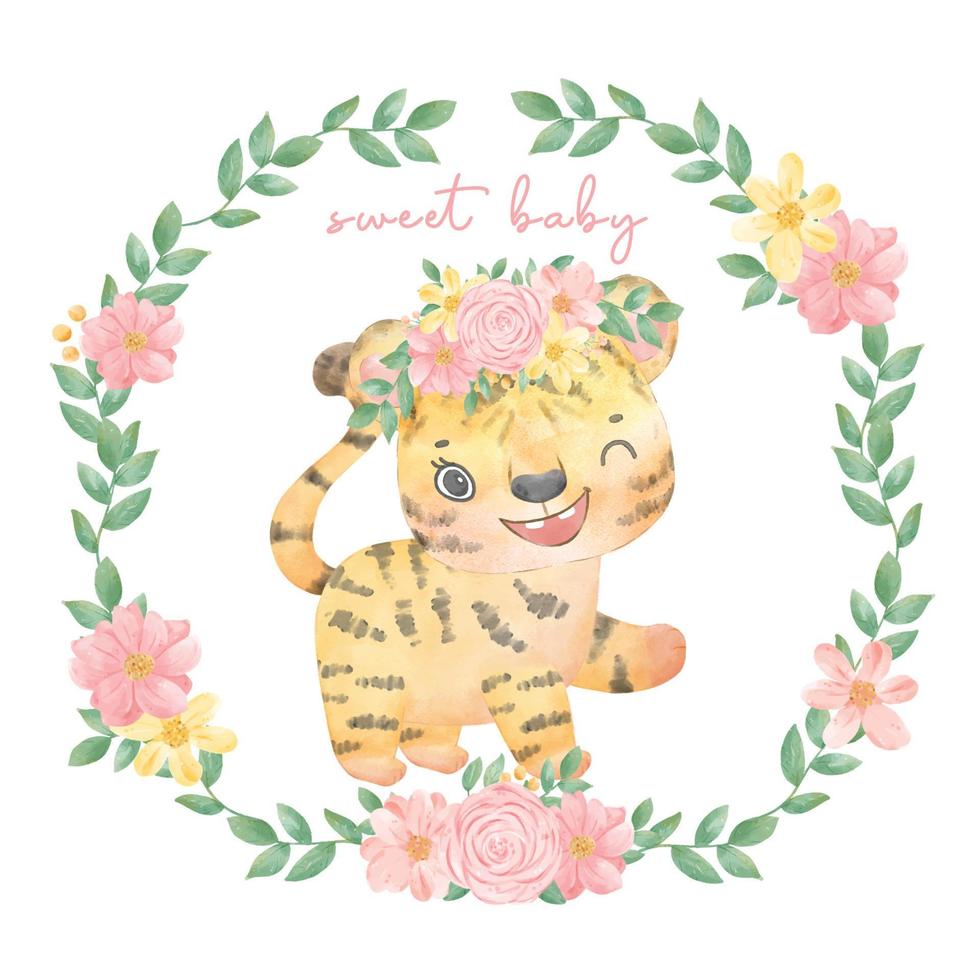 cute watercolor painting happy adorable baby tiger girl standing in floral frame, nursery cartoon hand drawn animal illustration vector