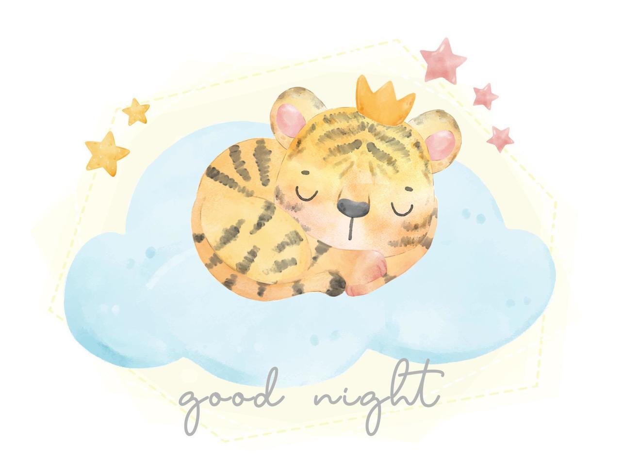 lindo adorable tigre bebé con nube durmiendo en la nube, buenas noches, ilustración de acuarela de vida silvestre animal dibujada a mano, vector de dibujos animados de doodle de guardería