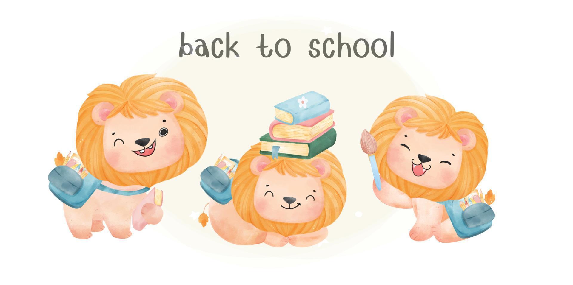 grupo de adorables leones de niño feliz acuarela con mochila escolar y libro apilado, vector de acuarela animal de dibujos animados de regreso a la escuela