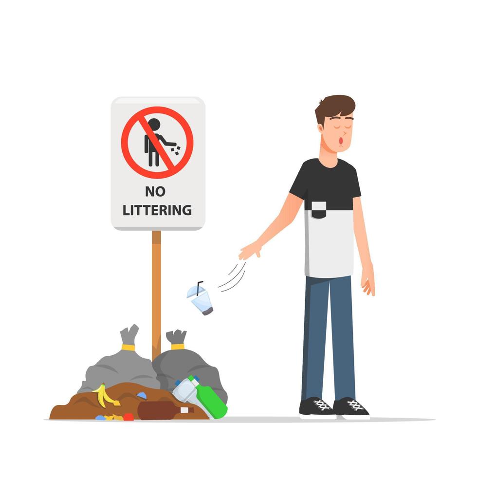 un hombre tirando basura y sin preocuparse por el medio ambiente vector