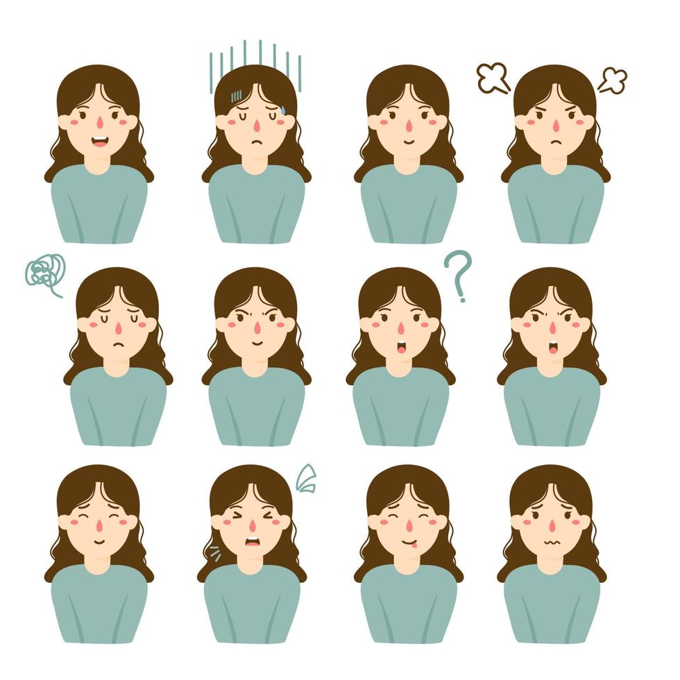 conjunto de varias expresiones faciales de mujer vector