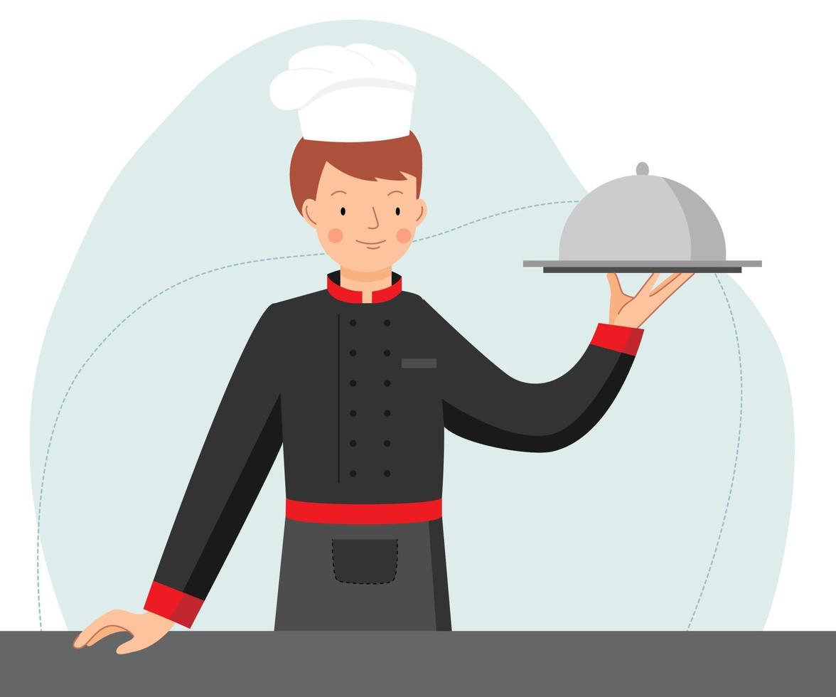 Chef in black uniform holding silver platter. Chef cooking in the kitchen. Vector flat illustration.
