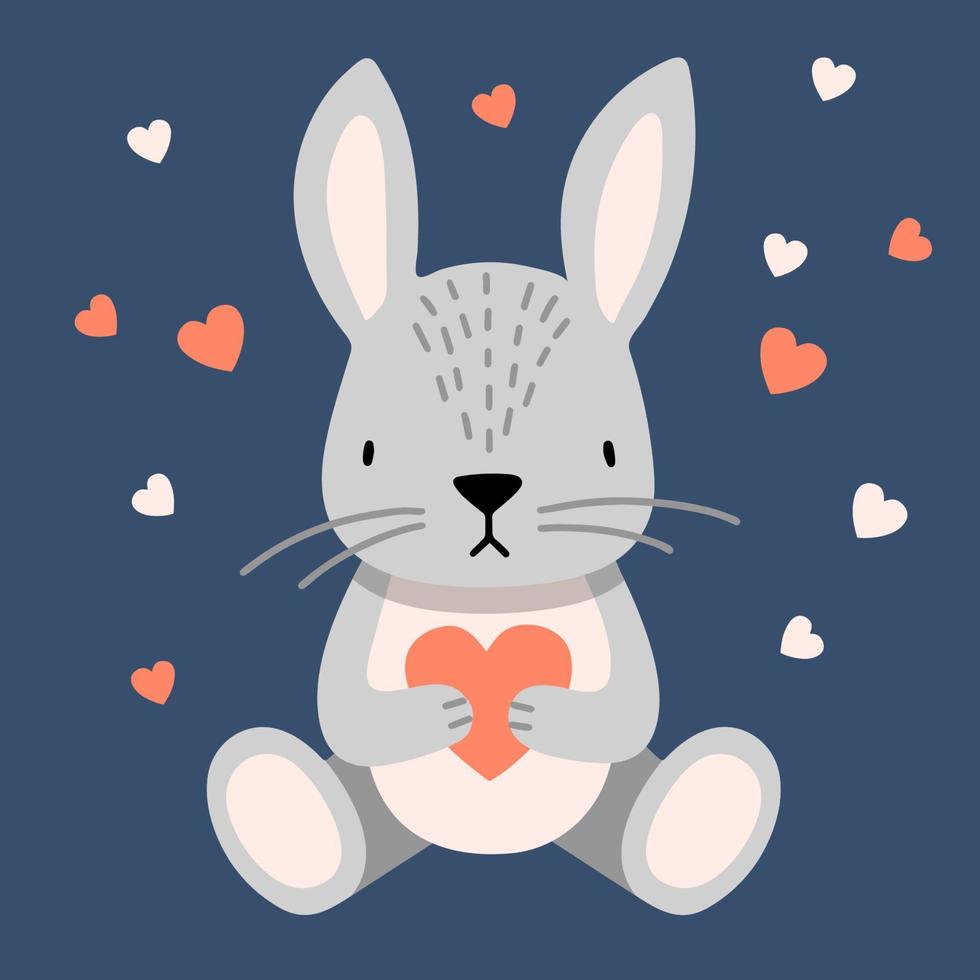 Cute gray rabbit or bunny with heart on a blue background. Valentines day. Vector flat illustration.