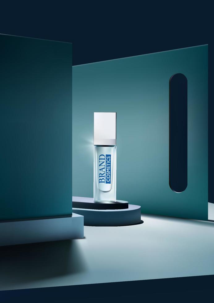Product cosmetic on blue stage with abstract background  .  Mockup illustration . Realistic vector illustration