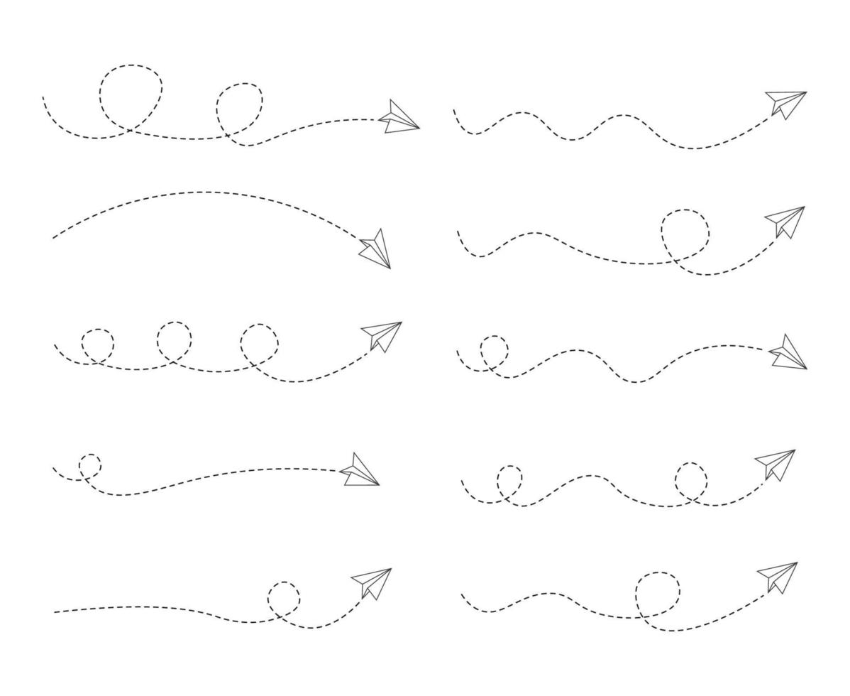 conjunto de ruta de avión de papel de línea discontinua vector