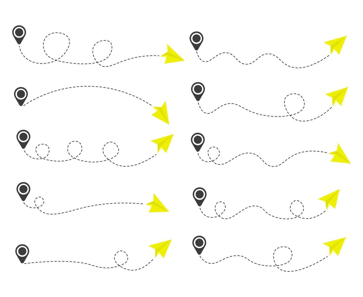 conjunto de ruta de avión de papel de línea discontinua vector