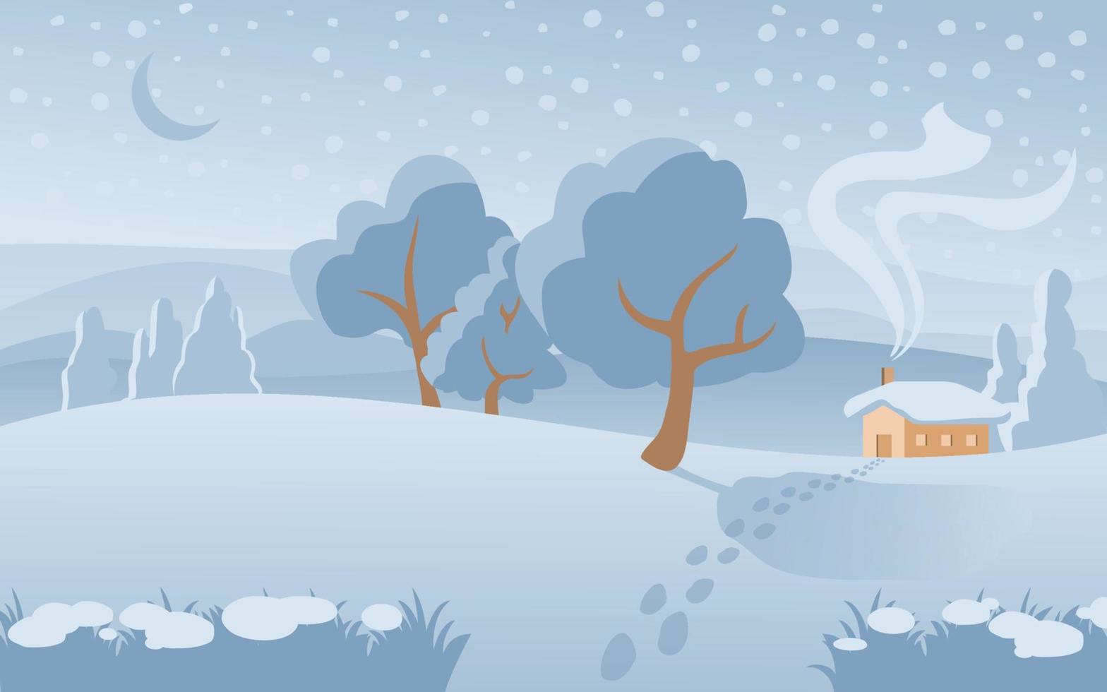 Winter landscape, night scene, flat style vector