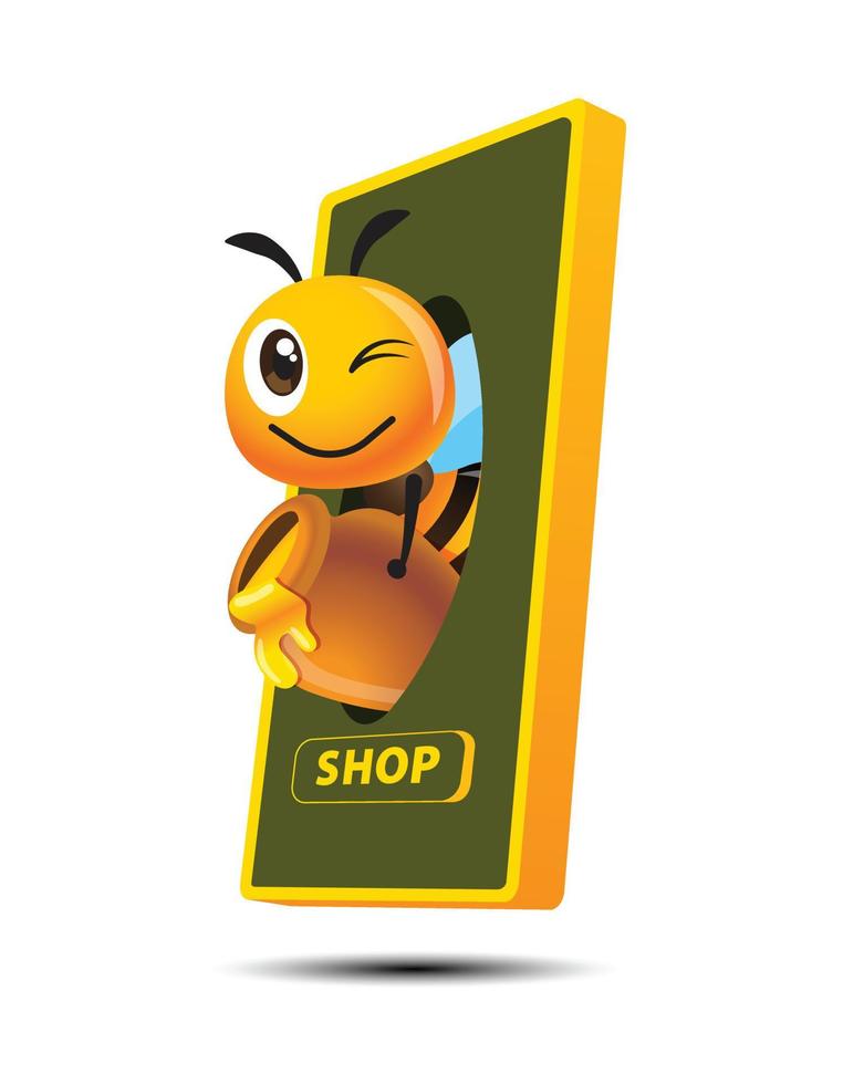 Cartoon cute bee holding honey pot coming out of mobile phone screen. Honey online business concept illustration vector