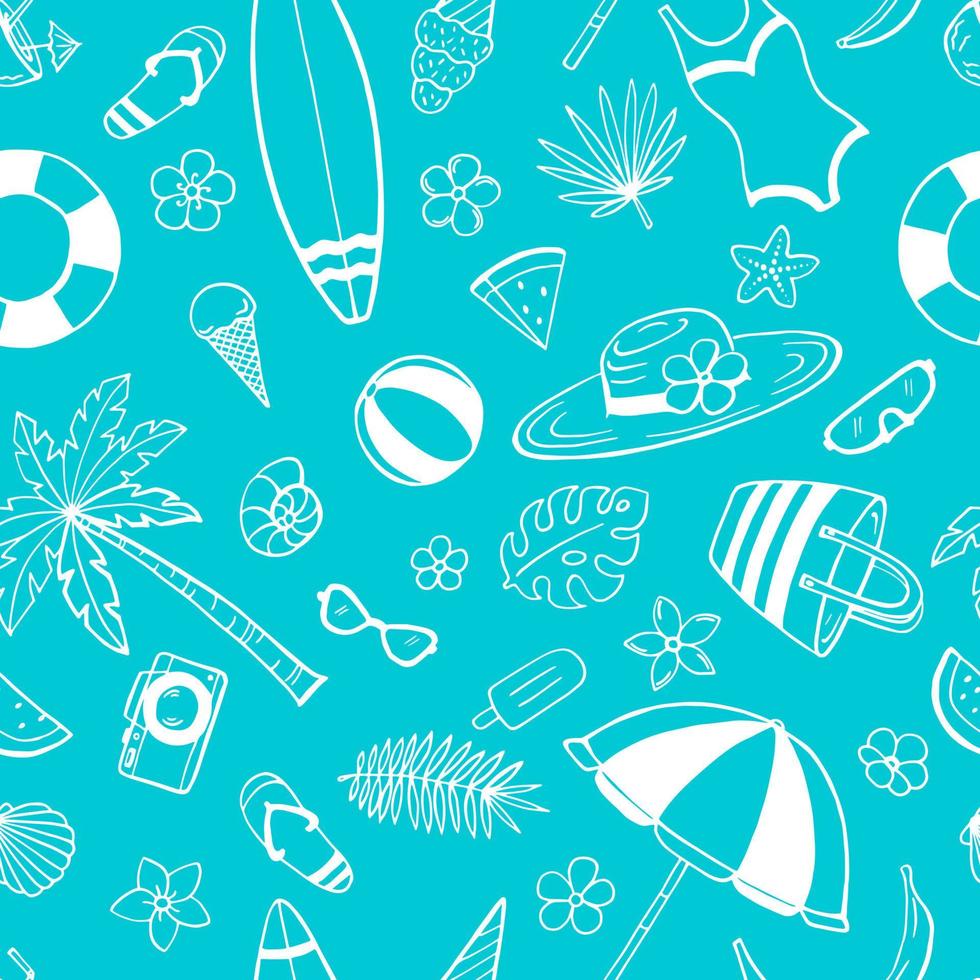 Seamless pattern with summer beach set. Hand drawn illustration converted to vector. vector