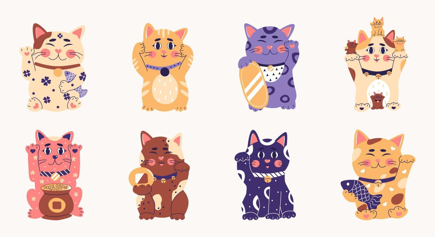 Maneki neko set, japanese lucky cat, fortune symbol. Cute kitty character of oriental flat vector illustration.