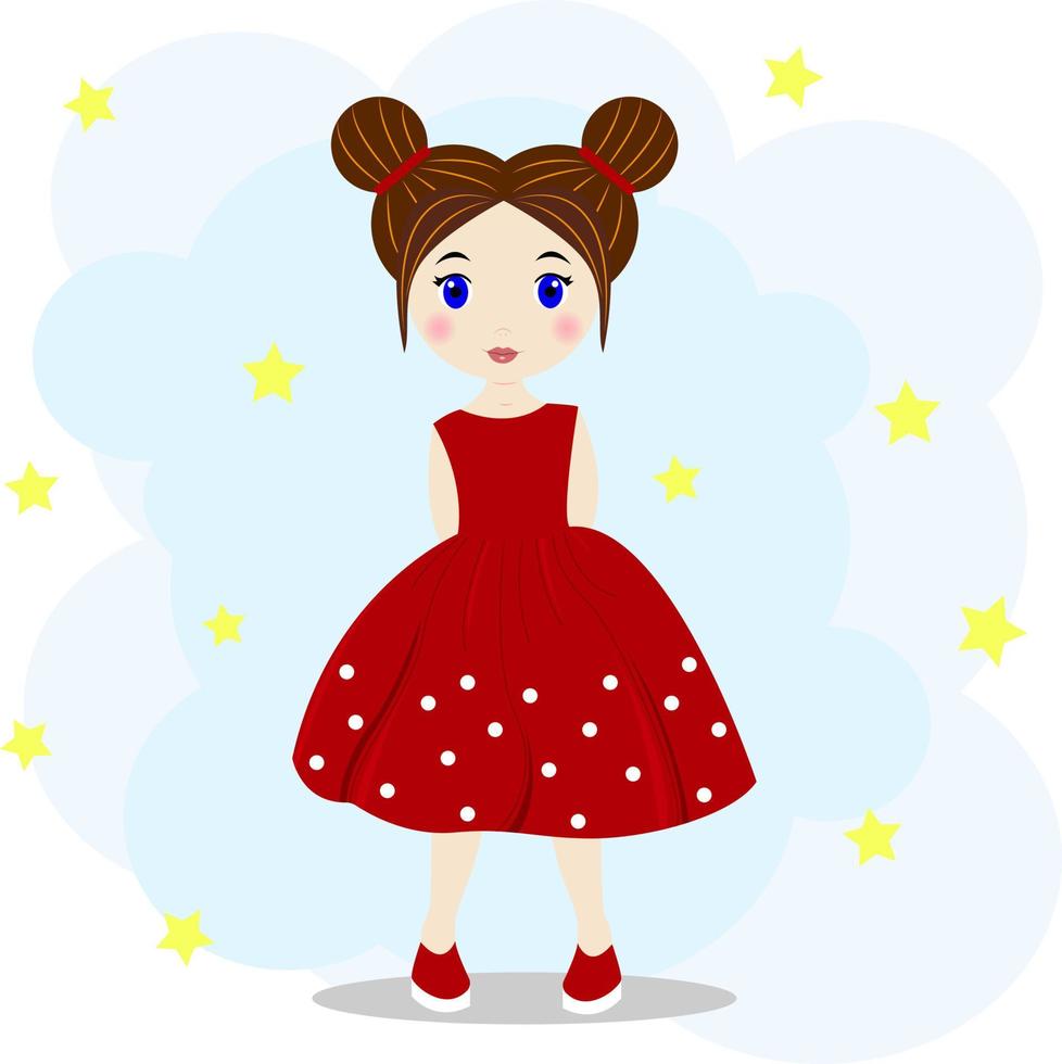 Cute little girl with brown hair in a red dress with white polka dots vector