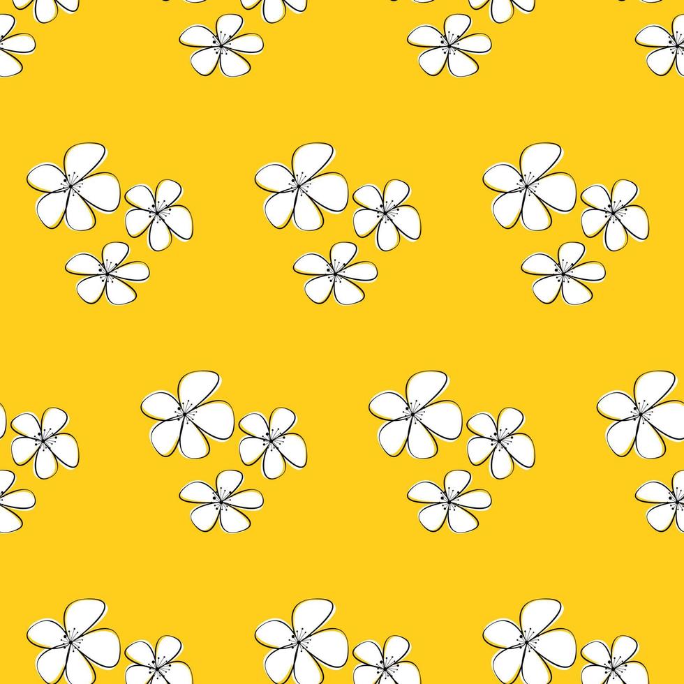 Seamless floral pattern with sakura on a yellow background. Pattern for textiles, postcards, wrapping paper, wallpaper. Vector illustration