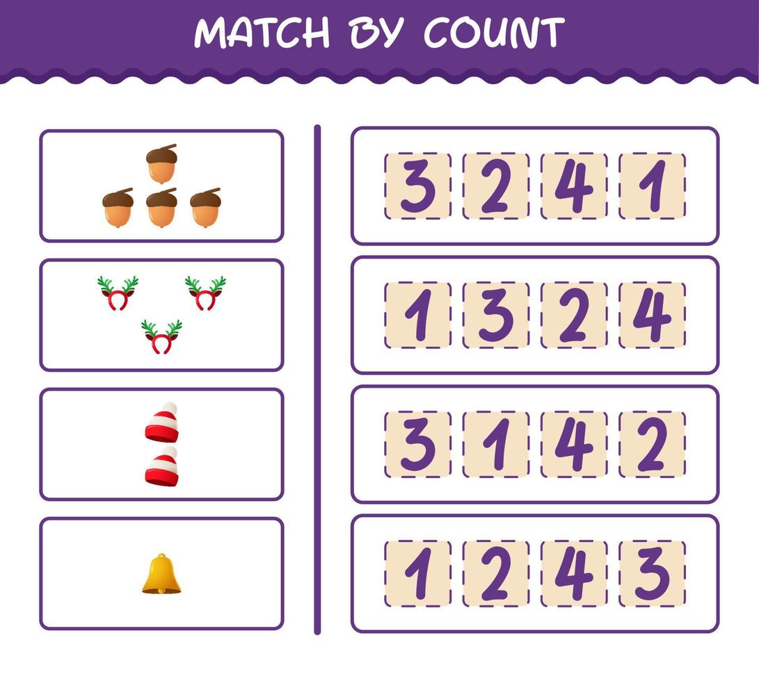 Match by count of cartoon christmas. . Match and count game. Educational game for pre shool years kids and toddlers vector