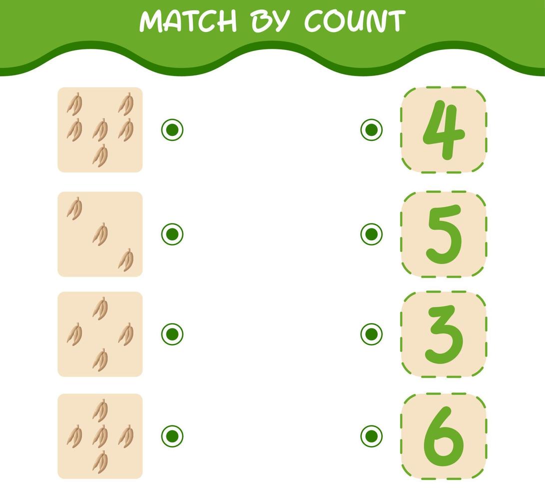 Match by count of cartoon cassava. Match and count game. Educational game for pre shool years kids and toddlers vector